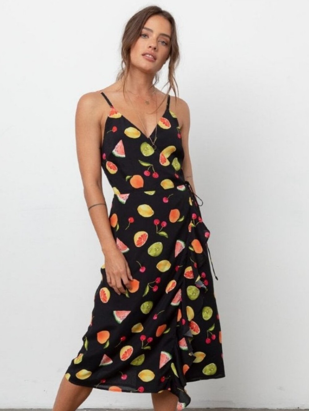 Rails Black Fruit-Print Midi Wrap Dress